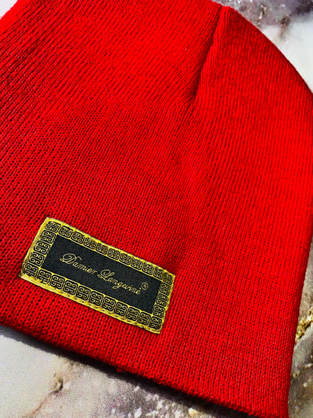 Signature Ruby Eye Lion-Emblem Medallion Fire Red Beanie