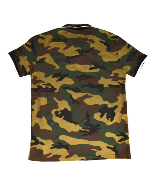 Gold Ruby-Eye Lion Embellishment Camouflage Polo T-Shirt