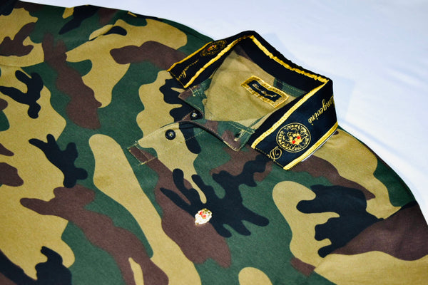 Gold Ruby-Eye Lion Embellishment Camouflage Polo T-Shirt