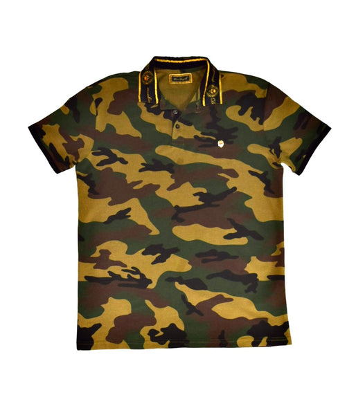 Gold Ruby-Eye Lion Embellishment Camouflage Polo T-Shirt